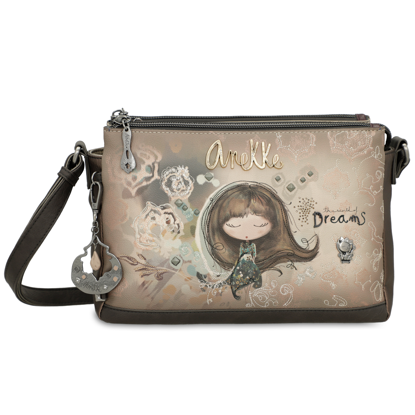 Torebka damska Anekke, mała we wzory z regulowanym paskiem zapinana na zamek, brązowa, 41703-184