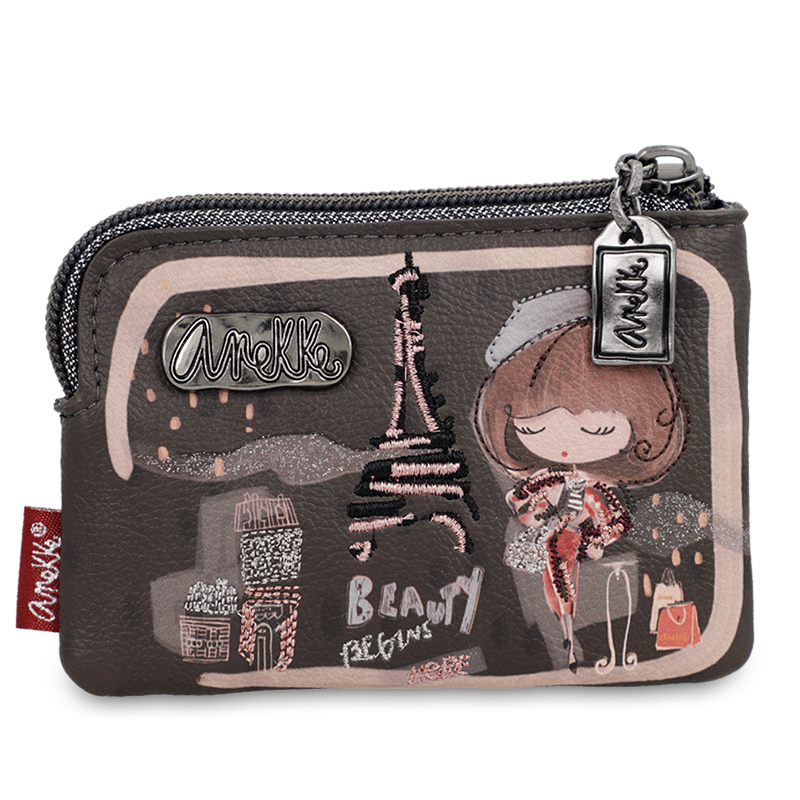 Portfel damski Anekke, mały we wzorki na zamek z miejscem na bilon, brązowy, 41809-019