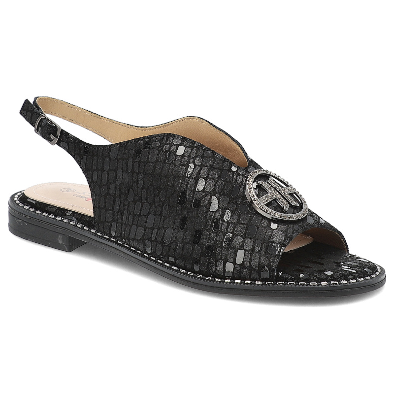 Sandały damskie S. Barski, ze skóry naturalnej we wzorki z ozdobą na płaskim obcasie, czarne, KV51-094