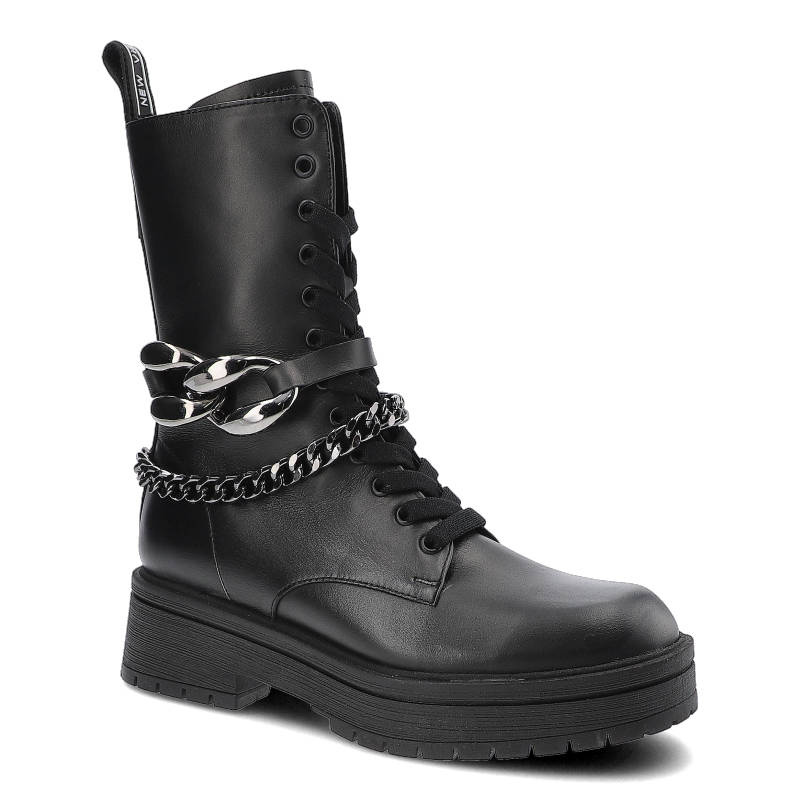 Botki damskie Karino, cholewka ze skóry naturalnej sznurowanie i suwak dodatkowy pasek z metalowym łańcuchem masywna podeszwa, czarne, 3960-076-F