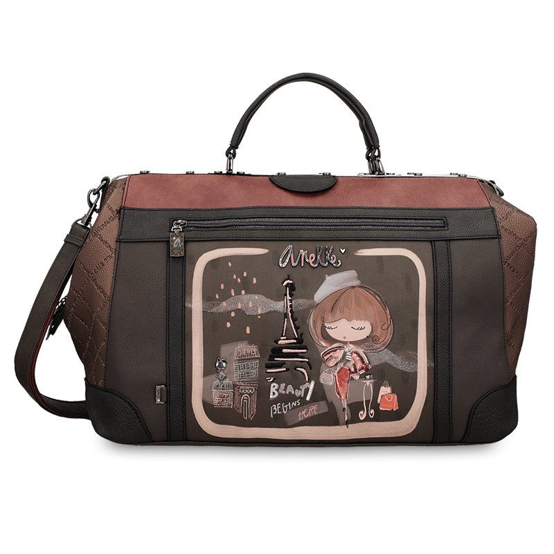 Torba podróżna Anekke, duża do ręki i na ramię z regulowanym paskiem i bogato zdobiona, brązowa, 41808-401