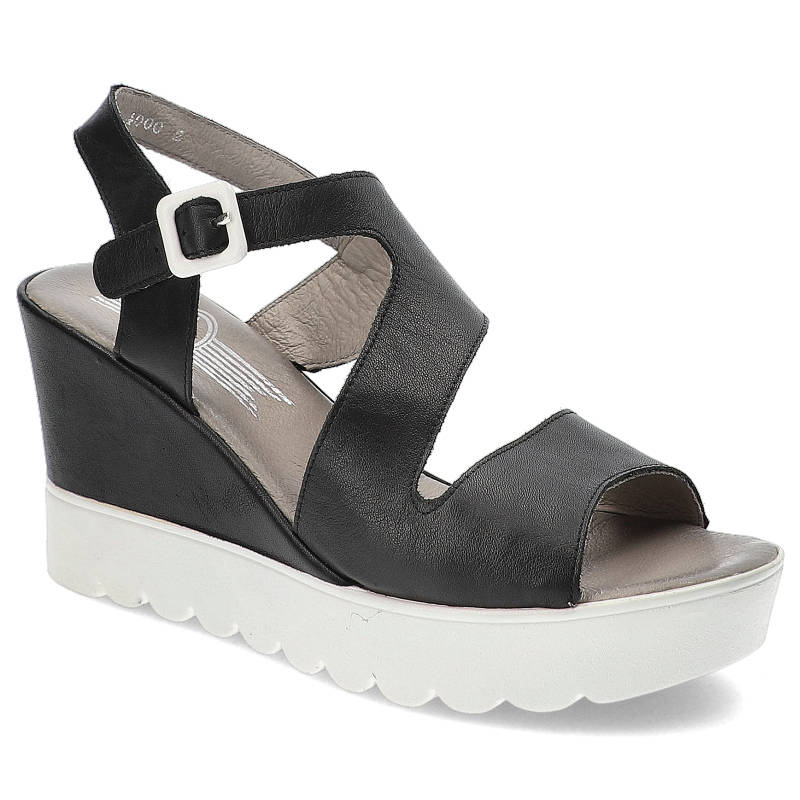 Sandały damskie Lemar, na wysokim koturnie i ze skóry naturalnej, czarne, 40002