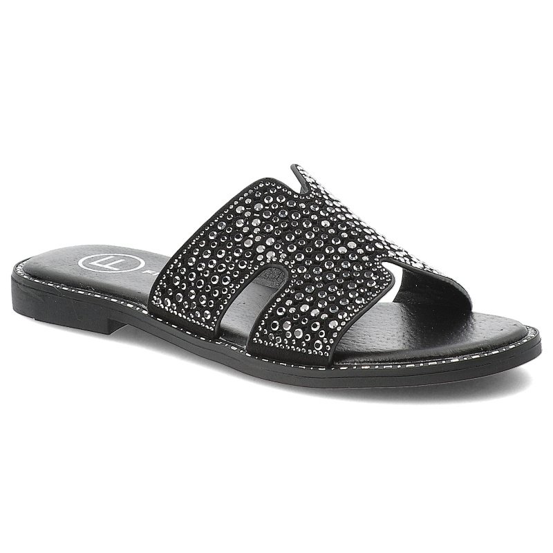 Klapki damskie Filippo, materiałowe zdobione na płaskim obcasie eleganckie, czarne, DK6973-25-BK