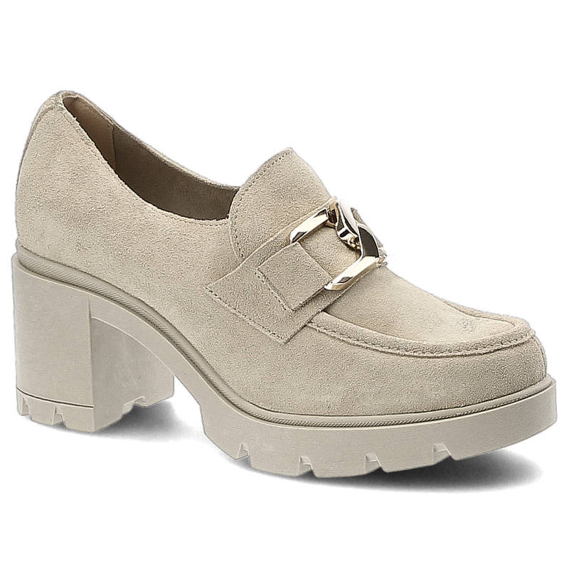 Półbuty damskie Lemar, wykonane ze skóry zamszowej z metalową klamrą na podbiciu grubą podeszwą z tworzywa i szerokim obcasem, beżowo-złote, 20097-W