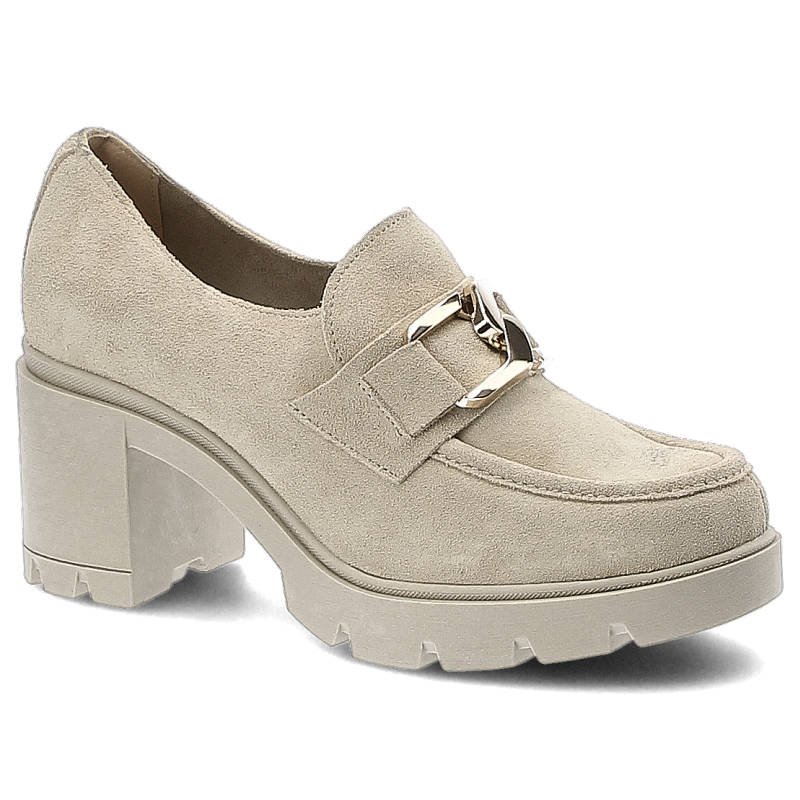 Półbuty damskie Lemar, wykonane ze skóry zamszowej z metalową klamrą na podbiciu grubą podeszwą z tworzywa i szerokim obcasem, beżowo-złote, 20097-W