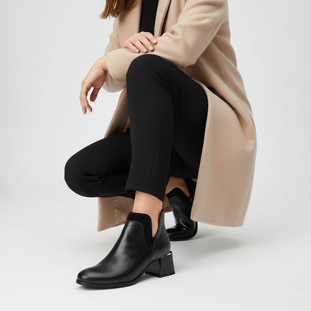 Botki damskie Armodo, skórzane licowe na obcasie z okrągłym noskiem na suwak, czarne, 60559-S