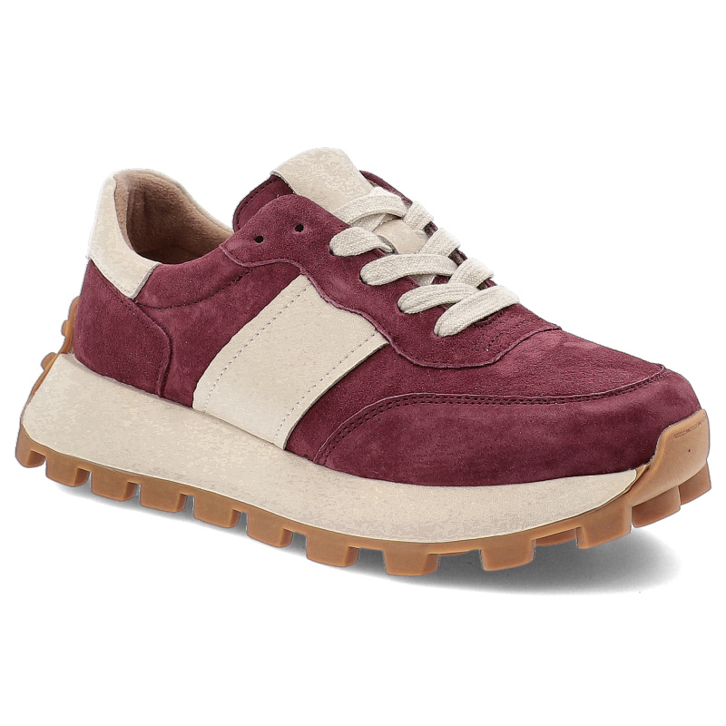 Sneakersy damskie Filippo, na grubej platformie ze skóry naturalnej sznurowane i z okrągłym noskiem, bordowe, DP7112-25-BG