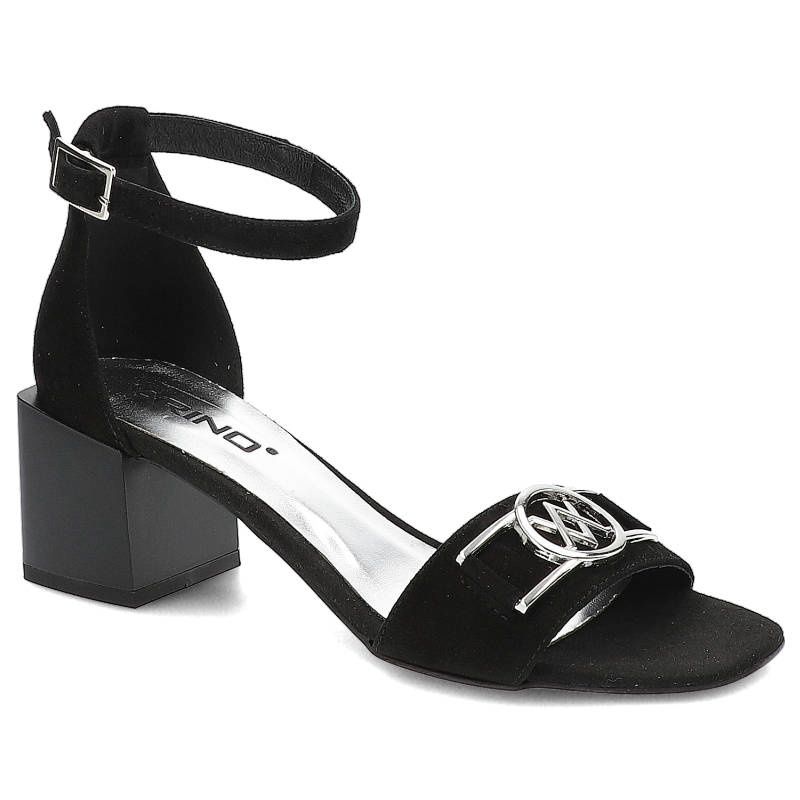 Sandały damskie Karino, naturalna skóra zamszowa z paskiem wokół kostki zapinanym na klamrę ozdobnym metalowym detalem, czarny, 4059-003-P
