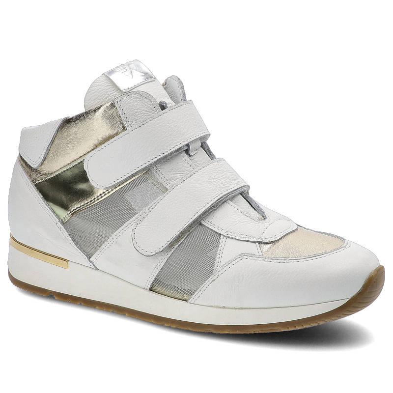 Sneakersy damskie Karino, skóra naturalna zapinana na rzepy, biało-złote, 1652-143-P