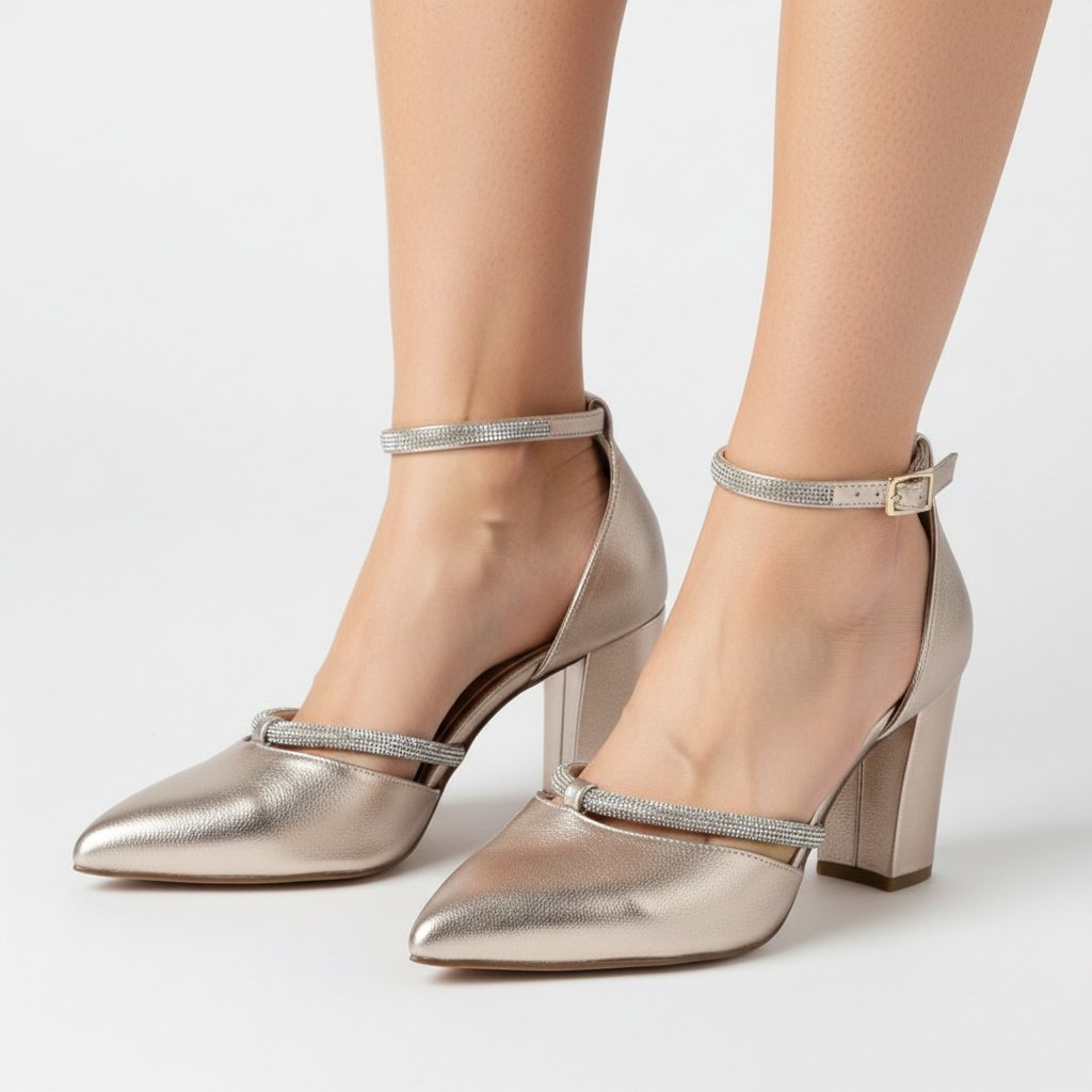 Sandały ślubne damskie Marco Tozzi, z metalicznym wykończeniem i szpiczastym noskiem posiada pasek wokół kostki, złote, 2-82404-42 957