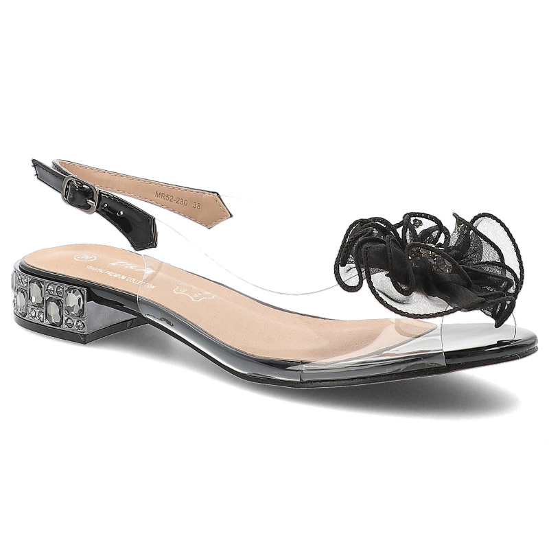 Sandały damskie S. Barski, na płaskim obcasie z ozdobą transparentne z odkrytą piętą, czarne, MR52-230