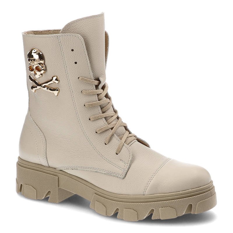 Botki damskie Exquisite, cholewka ze skóry naturalnej sznurowane zapięcie masywna podeszwa z bieżnikiem, beż groch, 1377