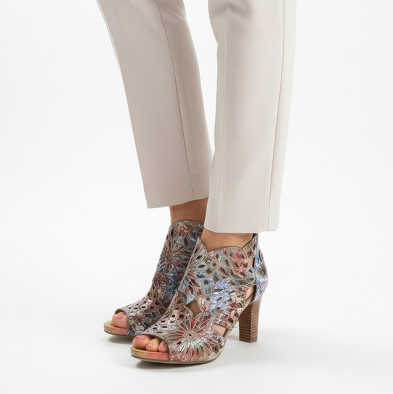 Sandały damskie Laura Vita, ze skóry naturalnej z ażurowymi wycięciami w ozdobny wzór i metalicznym wykończeniem, kolorowe, 048 SL316D-4JBS