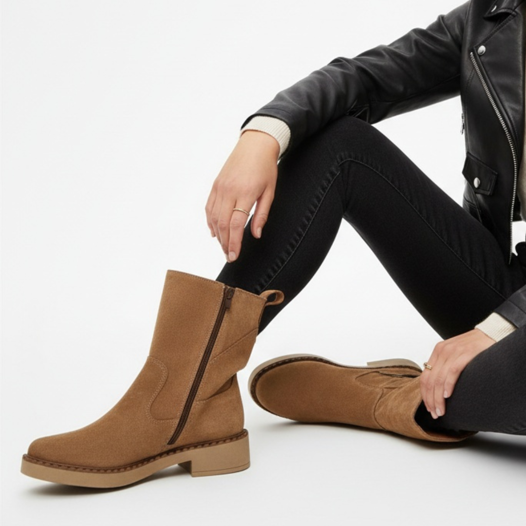 Botki damskie Hee, zamszowe na płaskim obcasie i zapinane na zamek, whisky, 25740