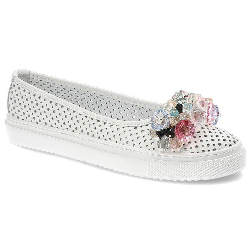 Baleriny damskie Damiss, naturalna skóra perforowana ozdobna aplikacja z kryształowymi detalami na przodzie, białe lico, DS-652