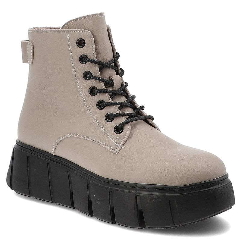 Botki damskie Vinceza, skórzane licowe na grubej platformie z okrągłym noskiem i na zamek, beżowe, 66803-BE