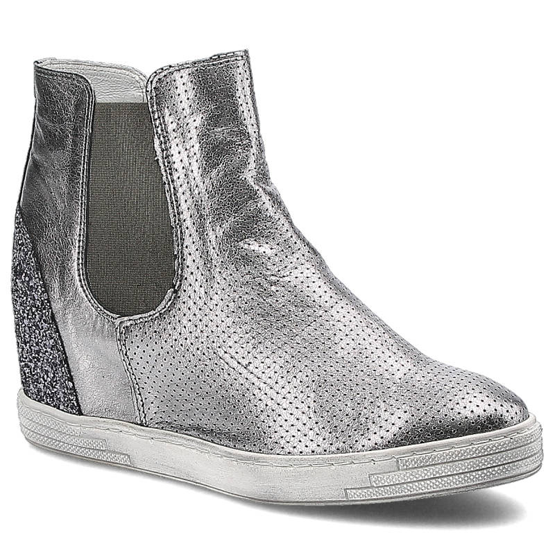 Sneakersy damskie Karino, naturalna skóra licowa z gumką i płaską podeszwą, srebrne, 1853-021-P