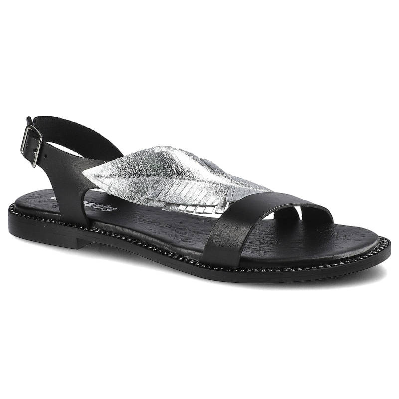 Sandaly damskie Dwunasty Shoes, z regulowanym zapięciem przy pięcie płaską podeszwą oraz dekoracyjnym elementem na cholewce, czarno-srebrne, 900-2