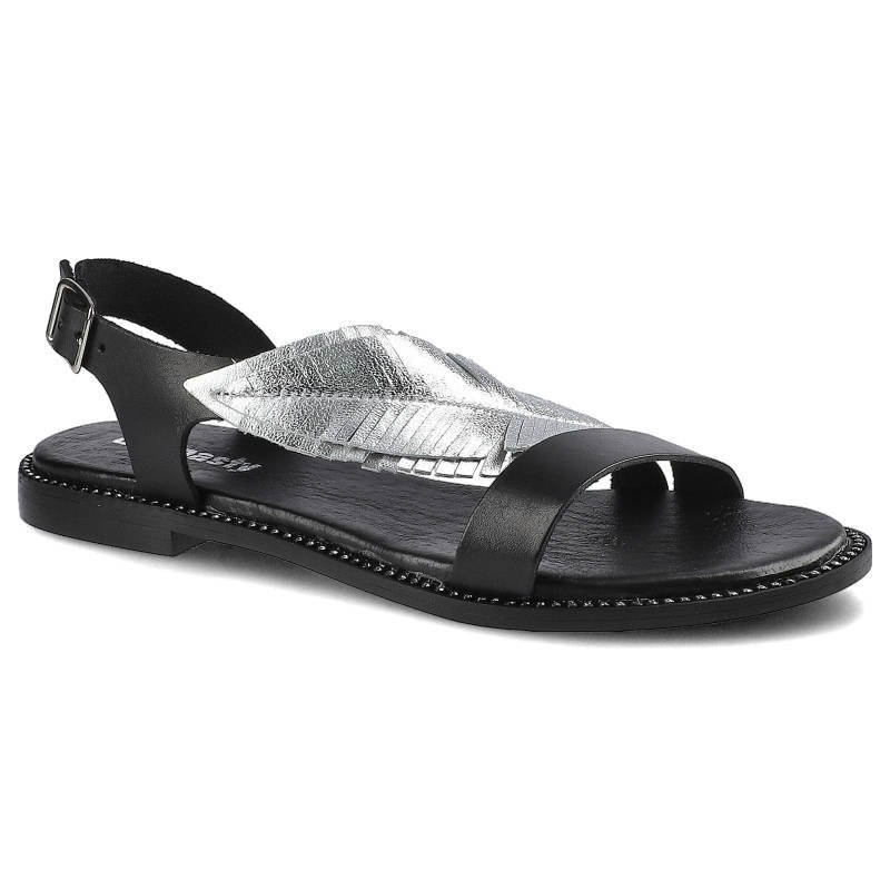 Sandaly damskie Dwunasty Shoes, z regulowanym zapięciem przy pięcie płaską podeszwą oraz dekoracyjnym elementem na cholewce, czarno-srebrne, 900-2