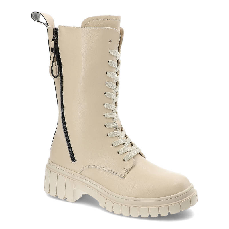 Glany damskie Artiker, cholewka z gładkiej skóry naturalnej z wysoką cholewką sznurowaniem i bocznym zamkiem masywna podeszwa z wyraźnym profilem, be