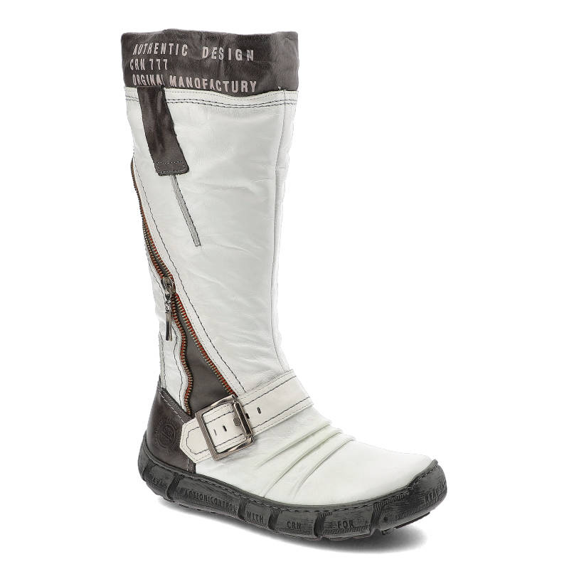 Kozaki damskie Carinii, skóra naturalna z rozpinanym suwakiem i na płaskiej podeszwie, białe, A9954_187-157-000-160