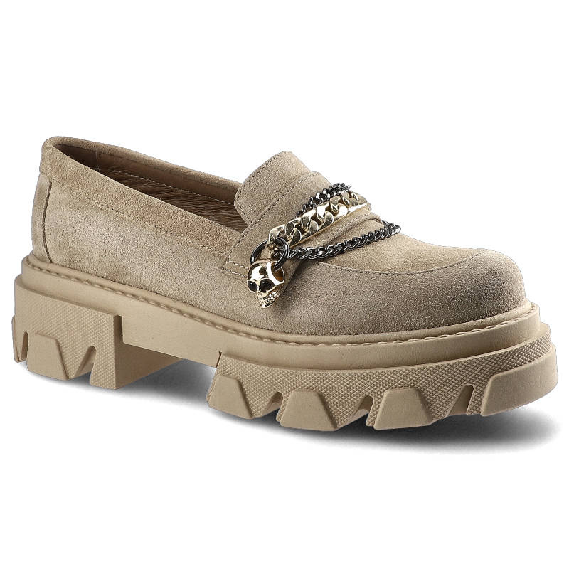 Półbuty damskie Carinii, wsuwany fason typu loafers cholewka ze skóry naturalnej zamszowej masywna traktorowa podeszwa gruba platforma ozdobny łańcuc