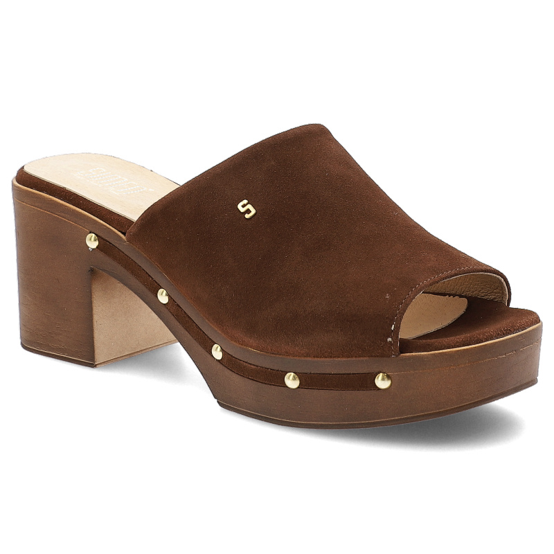 Klapki damskie Simen, skórzane na klocku z ozdobami eleganckie, brązowe, 6844A-K-W