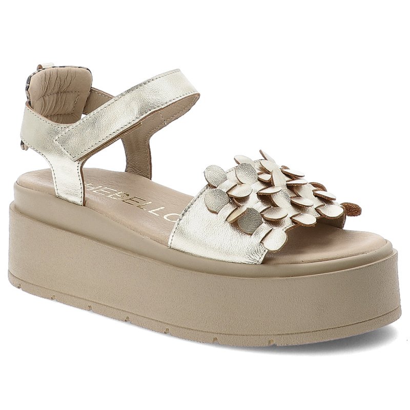 Sandały damskie Chebello, na grubej platformie skórzane z ozdobami zapinane na rzepy, złote, 4701-074-066