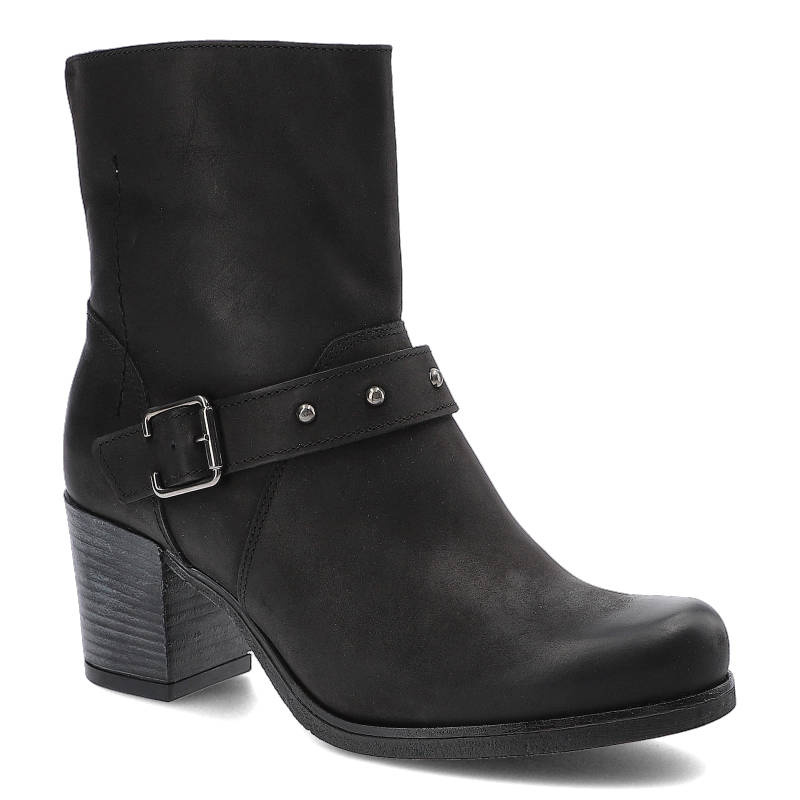 Trzewiki damskie Karino, krótka cholewka za kostkę cholewka ze skóry naturalnej stabilny obcas typu klocek gładka masywna forma pasek z metalową klam