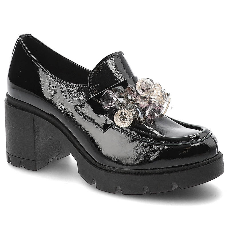 Półbuty damskie Lemar, cholewka ze skóry naturalnej lakierowanej wsuwany fason stabilny obcas, naplak czarny, 20112