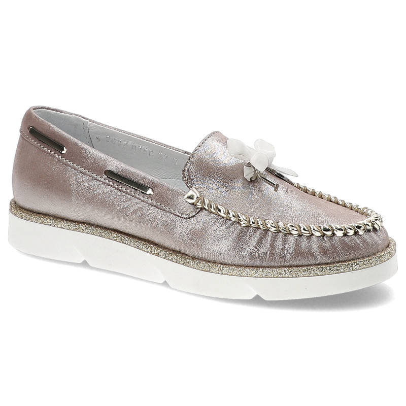 Mokasyny damskie Simen, wsuwane ze miękkiej naturalnej skóry licowej, pudrowe metaliczne, 750-Mell-Pudr-Metalik-Liv-13018