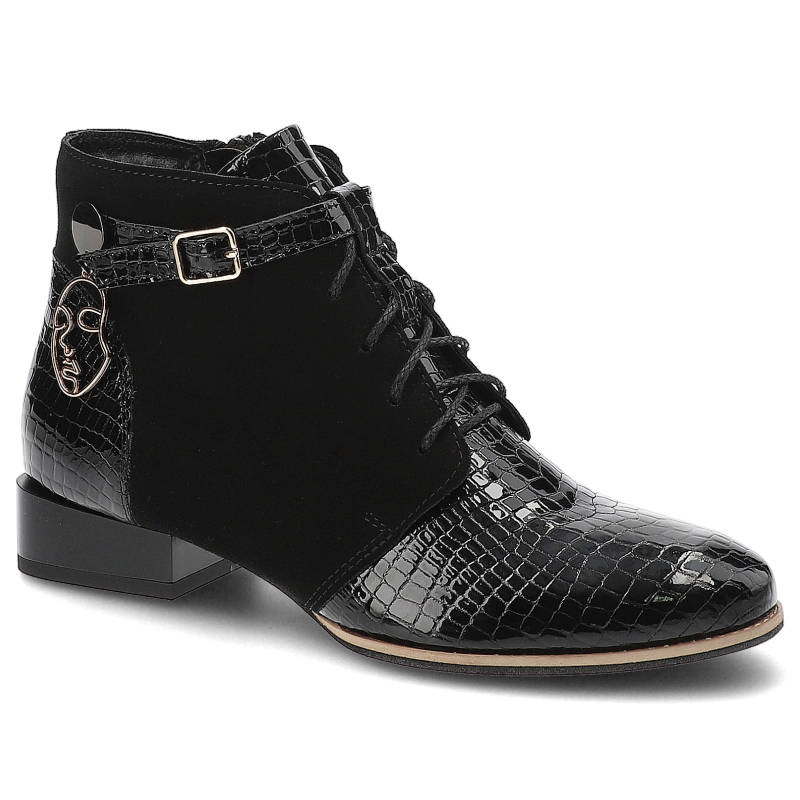 Trzewiki damskie Maciejka, skórzana cholewka z tłoczeniem sznurowanie pasek z klamrą przy kostce, czarne, 5743A-20-00-7