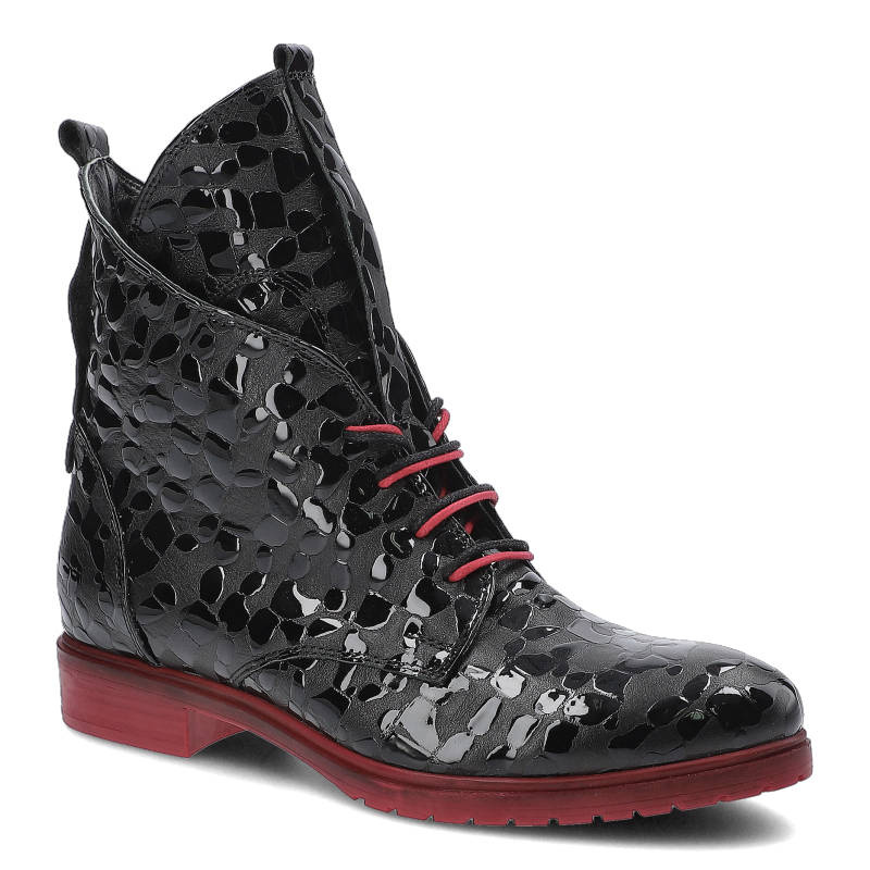 Botki damskie Artiker, naturalna skóra lakierowana o ażurowej strukturze z wysoką cholewką sznurowanym zapięciem, czarno-czerwone, 49C0668