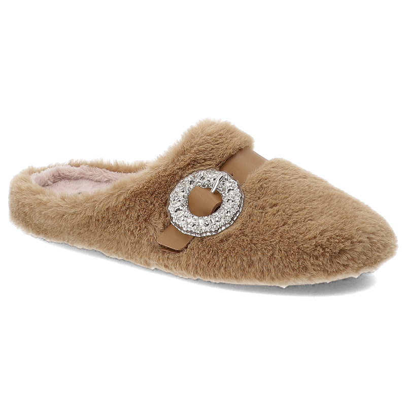 Kapcie damskie Macarena, pantofle z futerkiem z broszką płaskie z odkrytą piętą, karmelowe, Anais25
