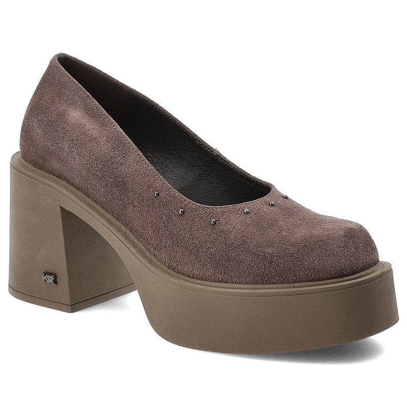 Półbuty damskie Karino, wsuwane na masywnym obcasie skórzane z ozdobami i okrągłym noskiem, brązowe welur, 5648-015-P