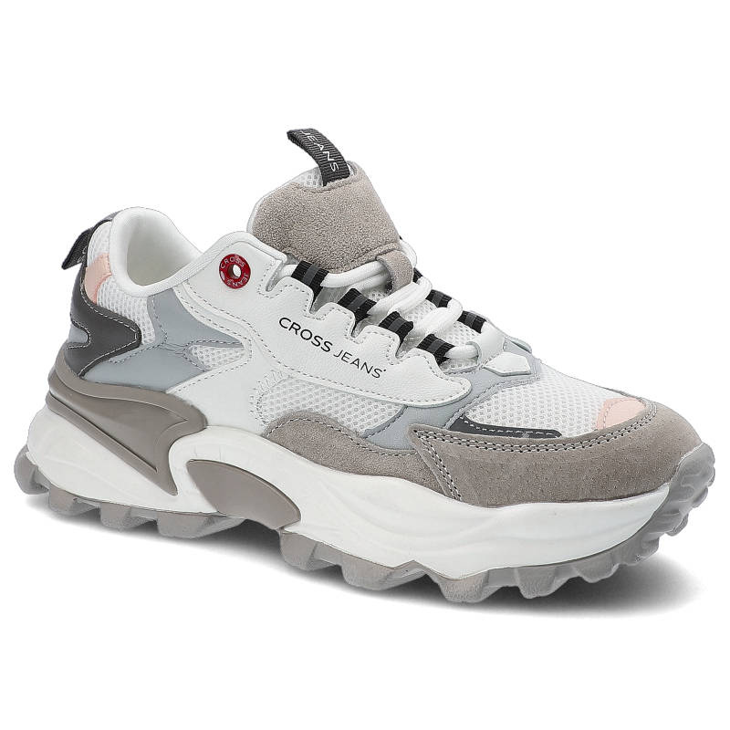 Sneakersy damskie Cross Jeans, z połączenia materiałów tekstylnych syntetycznych i zamszowych z łączoną cholewką o nowoczesnym designie, biało-szare,