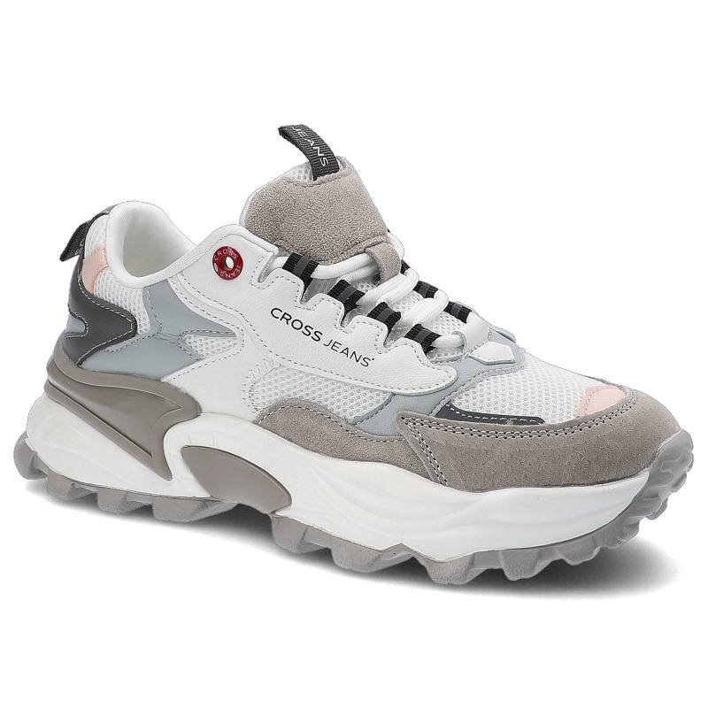Sneakersy damskie Cross Jeans, z połączenia materiałów tekstylnych syntetycznych i zamszowych z łączoną cholewką o nowoczesnym designie, biało-szare,