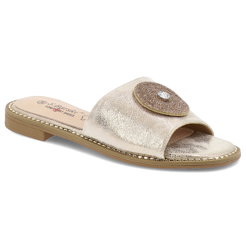 Klapki damskie S. Barski, eleganckie na płaskim obcasie z eko skóry z ozdobą, złote, KV51-013