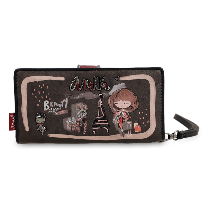 Portfel damski Anekke, duży bogato zdobiony z miejscem na zdjęcia na karty i na bilon, brązowy, 41809-901