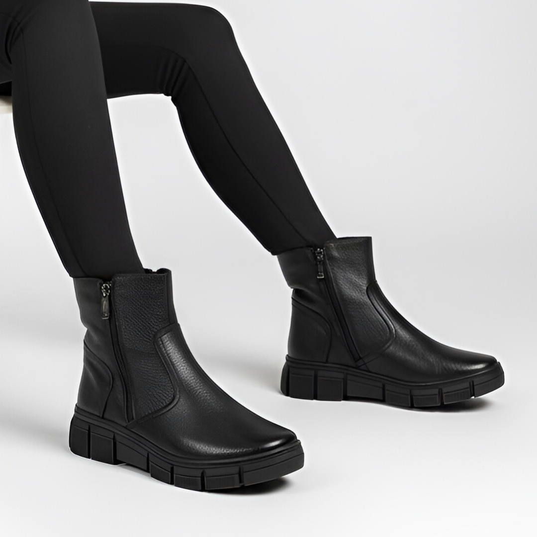 Botki damskie Wasak, z licowej skóry na płaskim obcasie i zapinane na suwak, czarne, 730