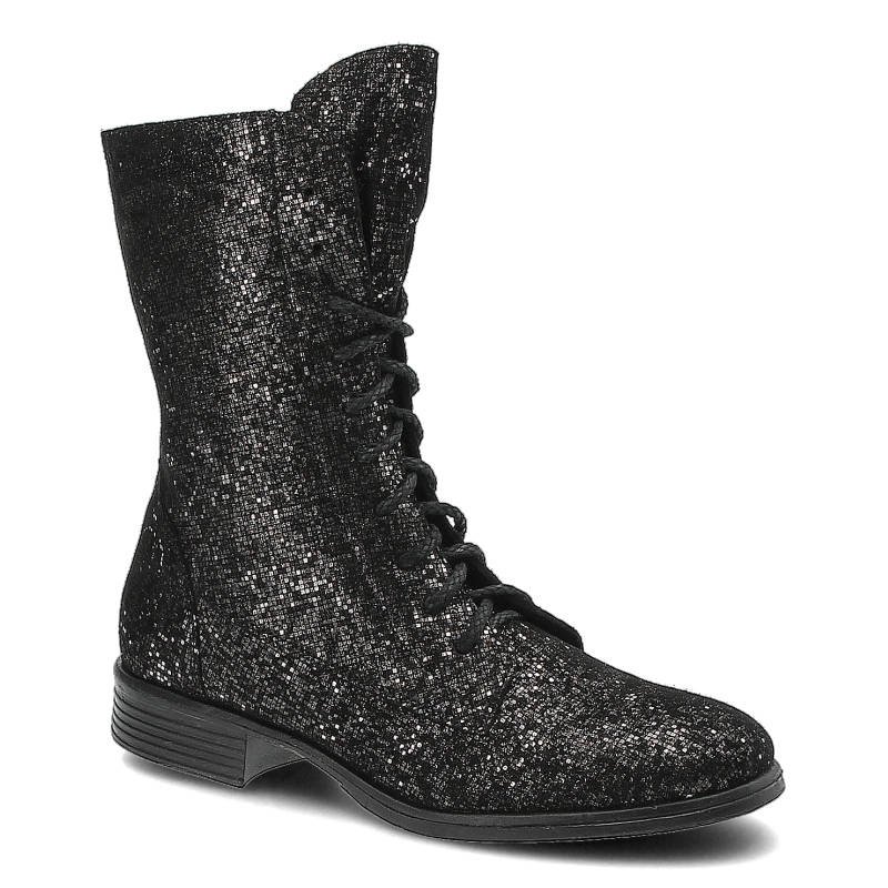 Botki damskie Maciejka, wysoki nubuk pełen błyszczących drobinek sznurowany i zapinany z boku suwakiem, mieniące kwadraty, 02749-20-00-3