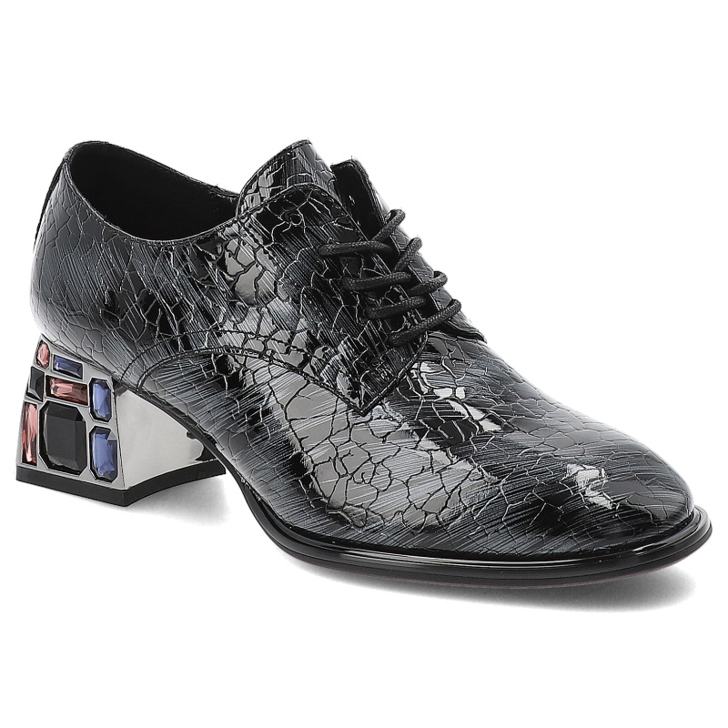 Półbuty damskie Artiker, skórzane na klocku bogato zdobione i sznurowane, szare, 57C0072