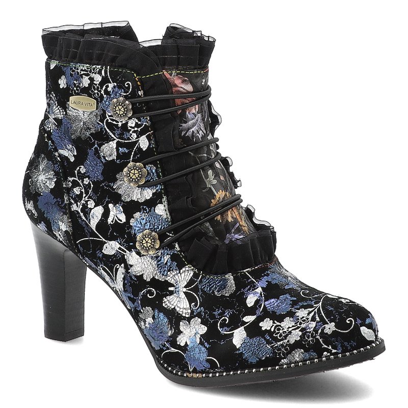 Botki damskie Laura Vita, na wysokim słupku skórzane bogato zdobione i zapinane na zamek, granatowe, SL316-130K
