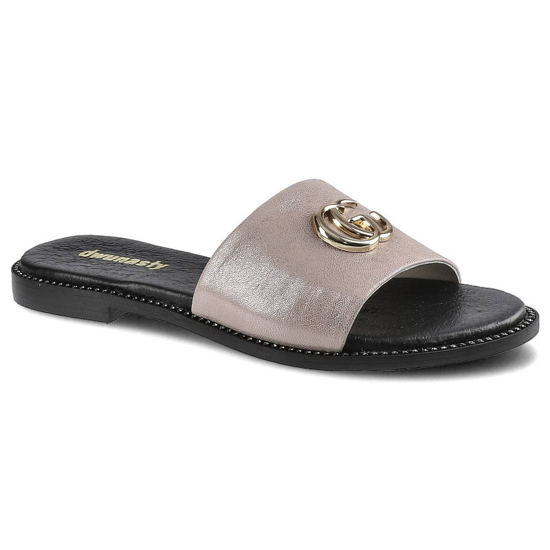 Klapki damskie Dwunasty Shoes, z szerokim paskiem z przodu płaską podeszwą oraz ozdobnym detalem na cholewce, różowe, 907-1