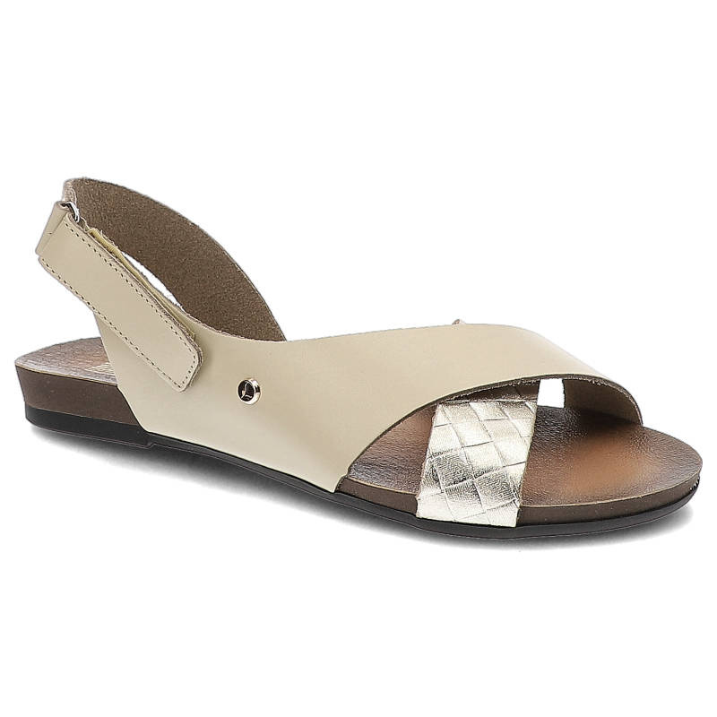 Sandały damskie Lemar, naturalna skóra licowa krzyżujące się paski z dekoracyjnym wykończeniem płaska wygodna podeszwa, beżowe Tuluza złoto, 40141 BF