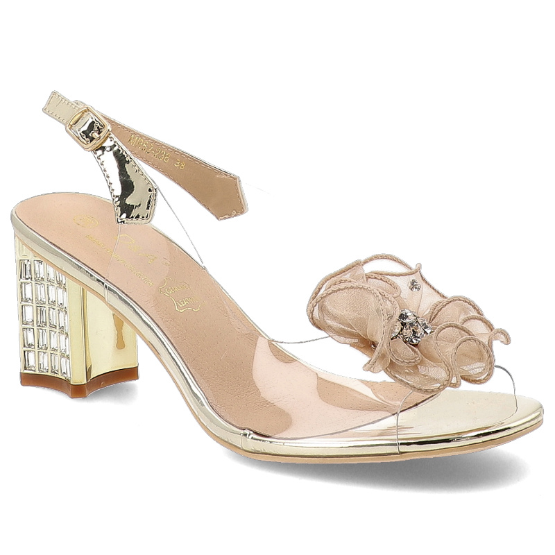 Sandały damskie S. Barski, na słupku z ozdobnym kwiatem transparentne i z odkrytą piętą, złote, MR52-238