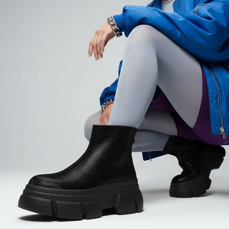 Botki damskie S. Barski, na wysokiej masywnej platformie z brokatową cholewką ze skóry, czarne, MR52-204