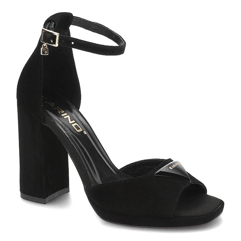 Sandały damskie Karino, naturalna skóra zamszowa z paskiem wokół kostki zapinanym na klamrę, czarny, 4214-003-P