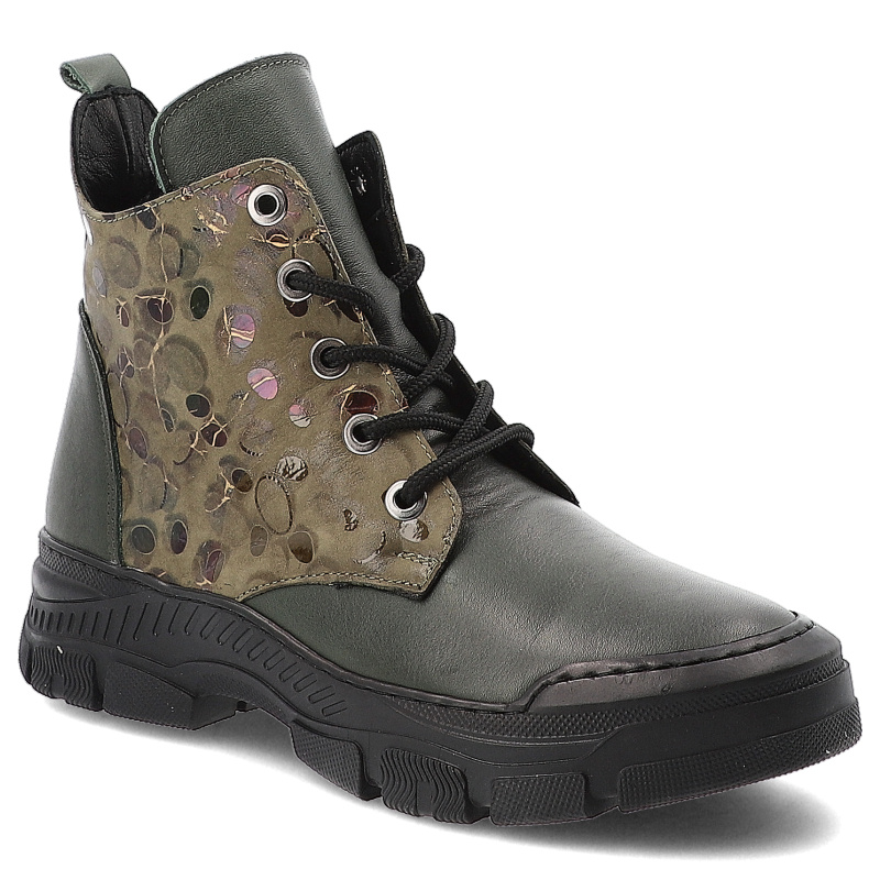 Botki damskie Artiker, skórzane we wzory na płaskim obcasie za kostkę z okrągłym noskiem i na zamek, khaki, 57C2178