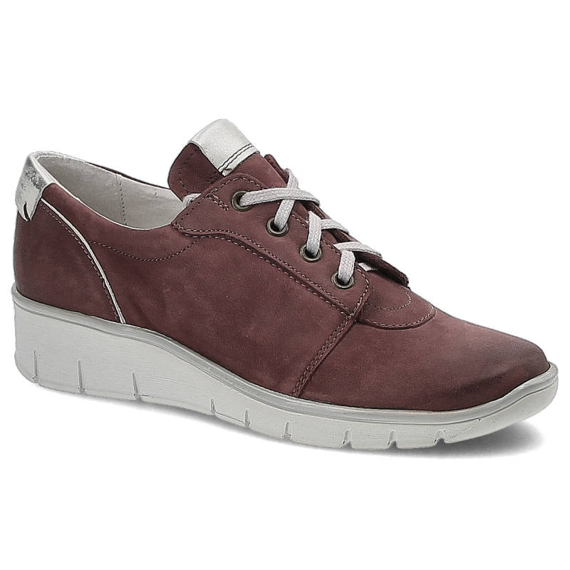 Półbuty damskie Pollonus, na niskim koturnie i ze skóry naturalnej, bordo Samuel srebro, 5-0902-031